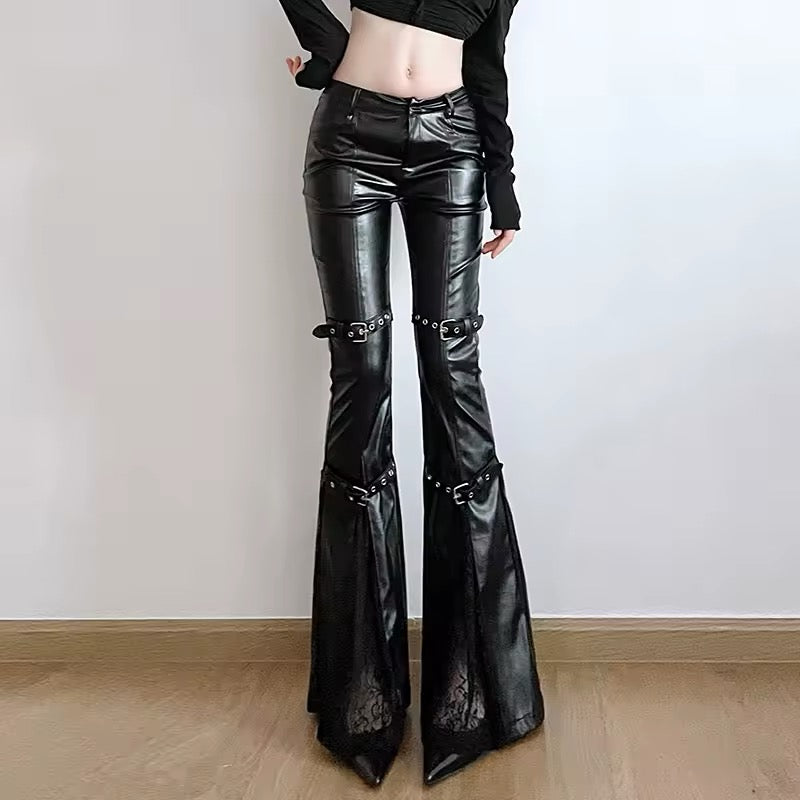 Black PU leather gothic trousers, sexy flared pants with lace patchwork, Y2K streetwear vibes, perfect for punk, goth, and alternative fashionistas