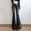 Black PU leather gothic trousers, sexy flared pants with lace patchwork, Y2K streetwear vibes, perfect for punk, goth, and alternative fashionistas
