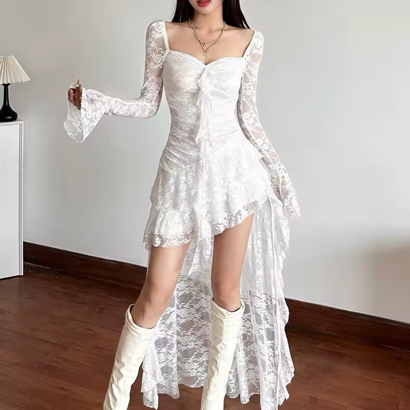 Fairycore flare dress with lace sleeves and square neckline in black