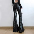 Gothic leather flare pants, sexy PU leather low-waisted trousers with patchwork details, buckle straps, and lace accents for alternative fashion lovers