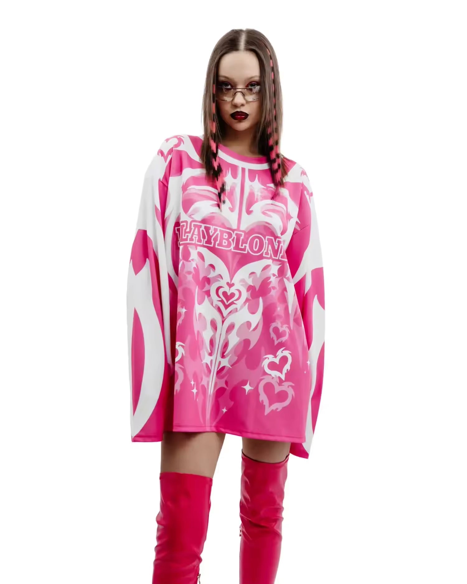 Full-sleeve pink tribal graphic in a hip hop-inspired design.
