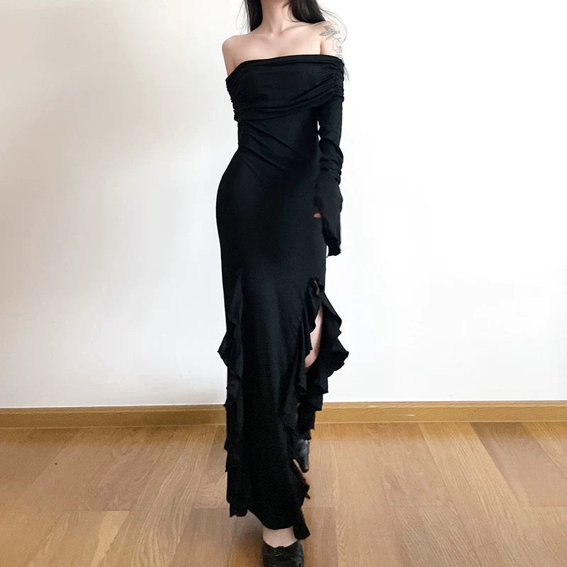 One-Shoulder Gothic Maxi Dress with Slim-Fit Corset Waist