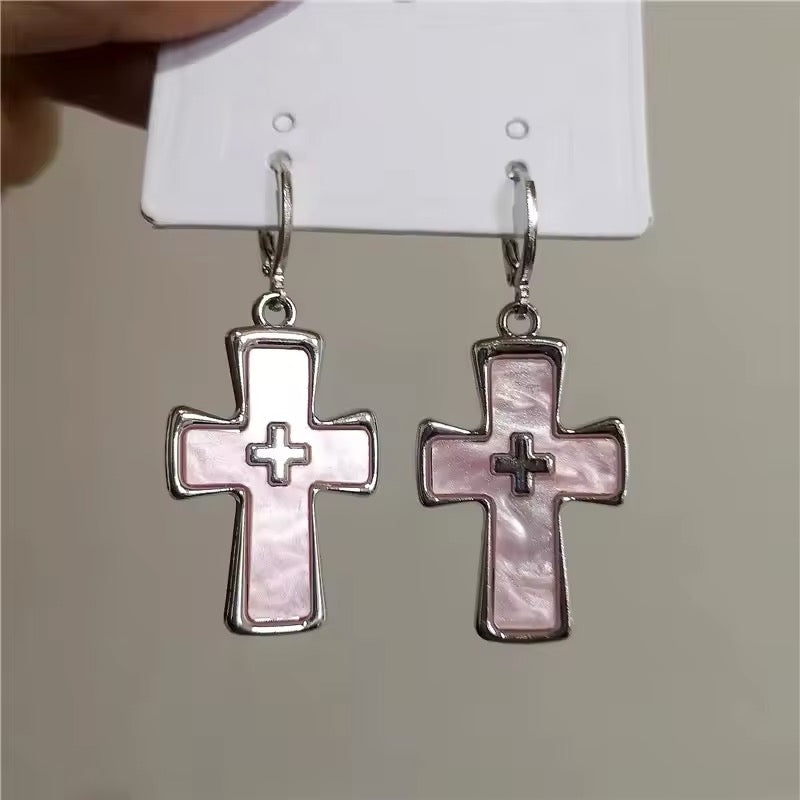 Cute yet edgy pink crystal cross drop earrings, designed for alternative girls who love Y2K, rave, EMO, and Harajuku style