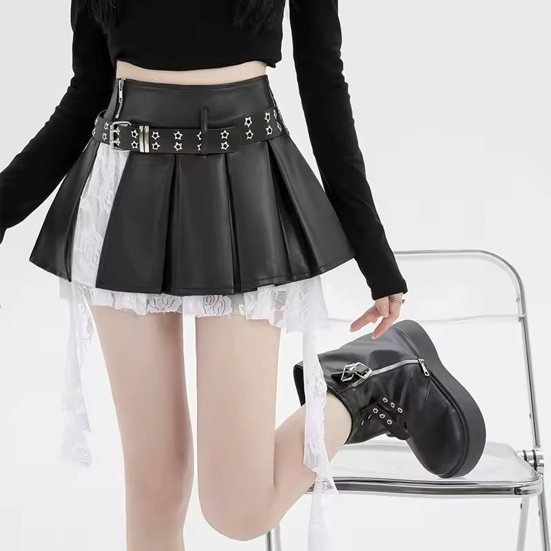 Y2K high waist PU leather mini skirt with zipper decor
