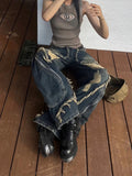 Harajuku high-waisted Y2K baggy jeans, vintage hip-hop ripped cargo denim with oversized fit and urban grunge aesthetic streetwear fashion