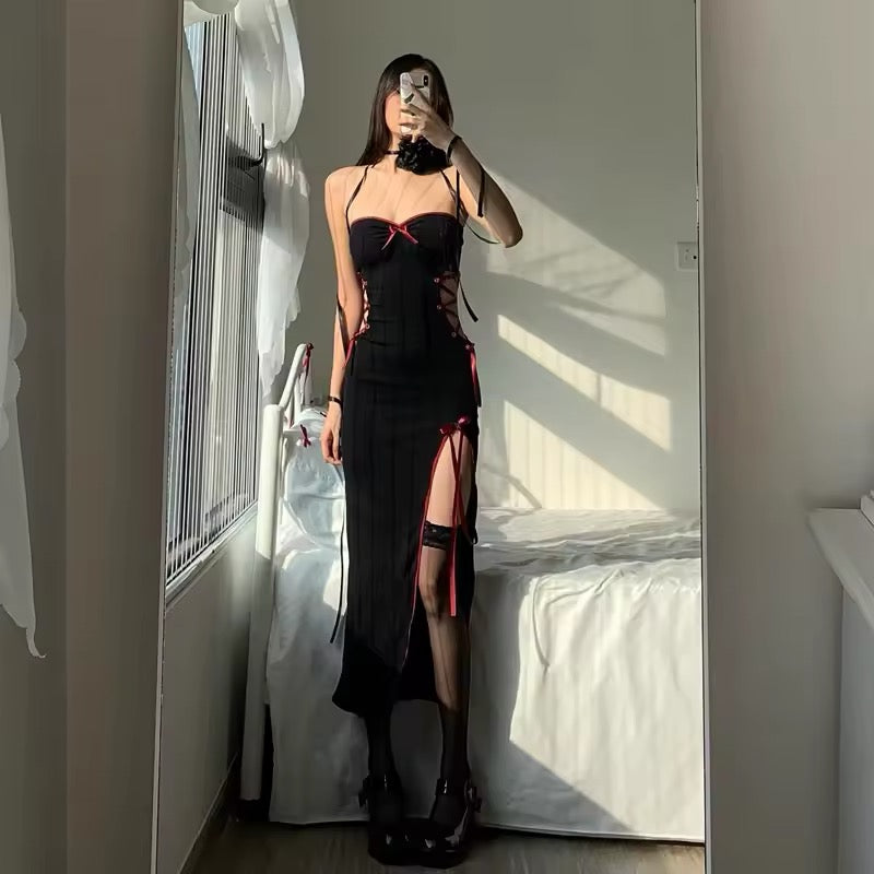 Gothic Sexy Bow Dress with Strapless Bandage Fit and High Slit