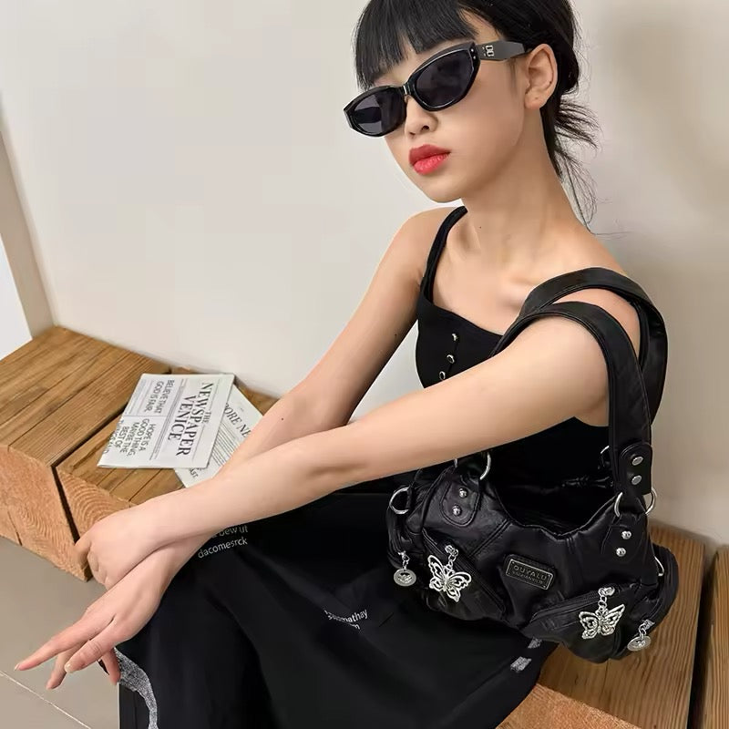 Y2K gothic motorcycle purse with metal hardware