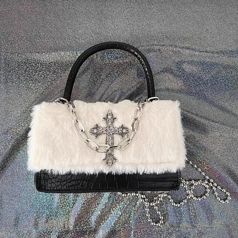 Gothic cross plush handbag with silver chain strap for e-girl outfits