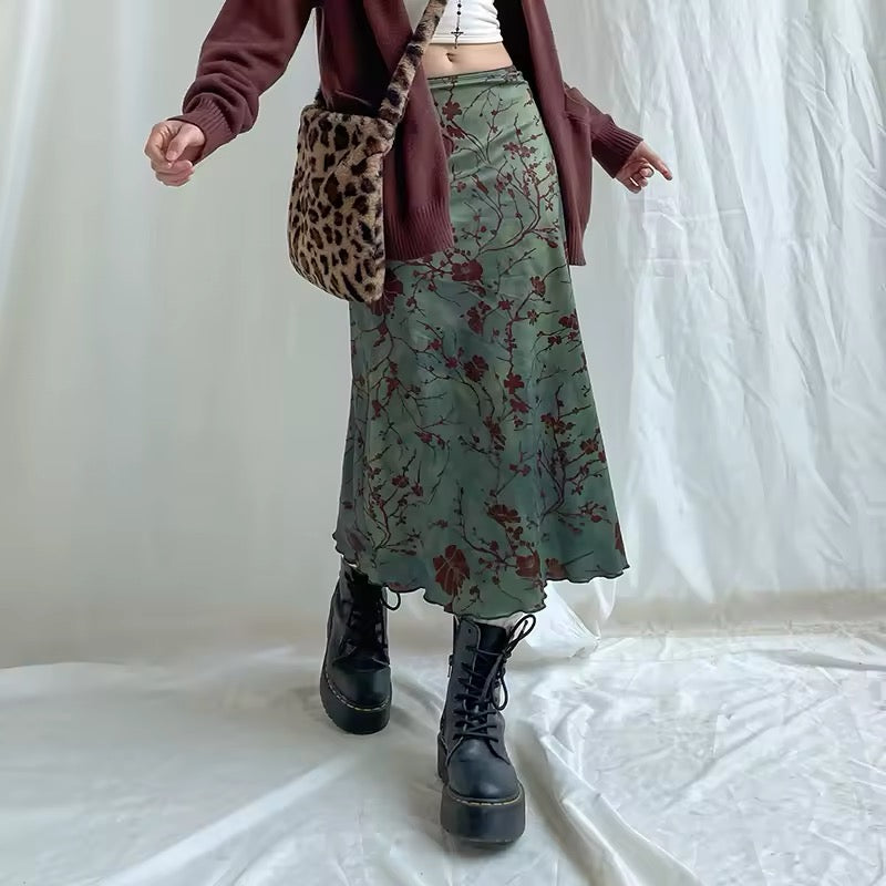 Romantic fairycore floral midi skirt for spring and summer wear