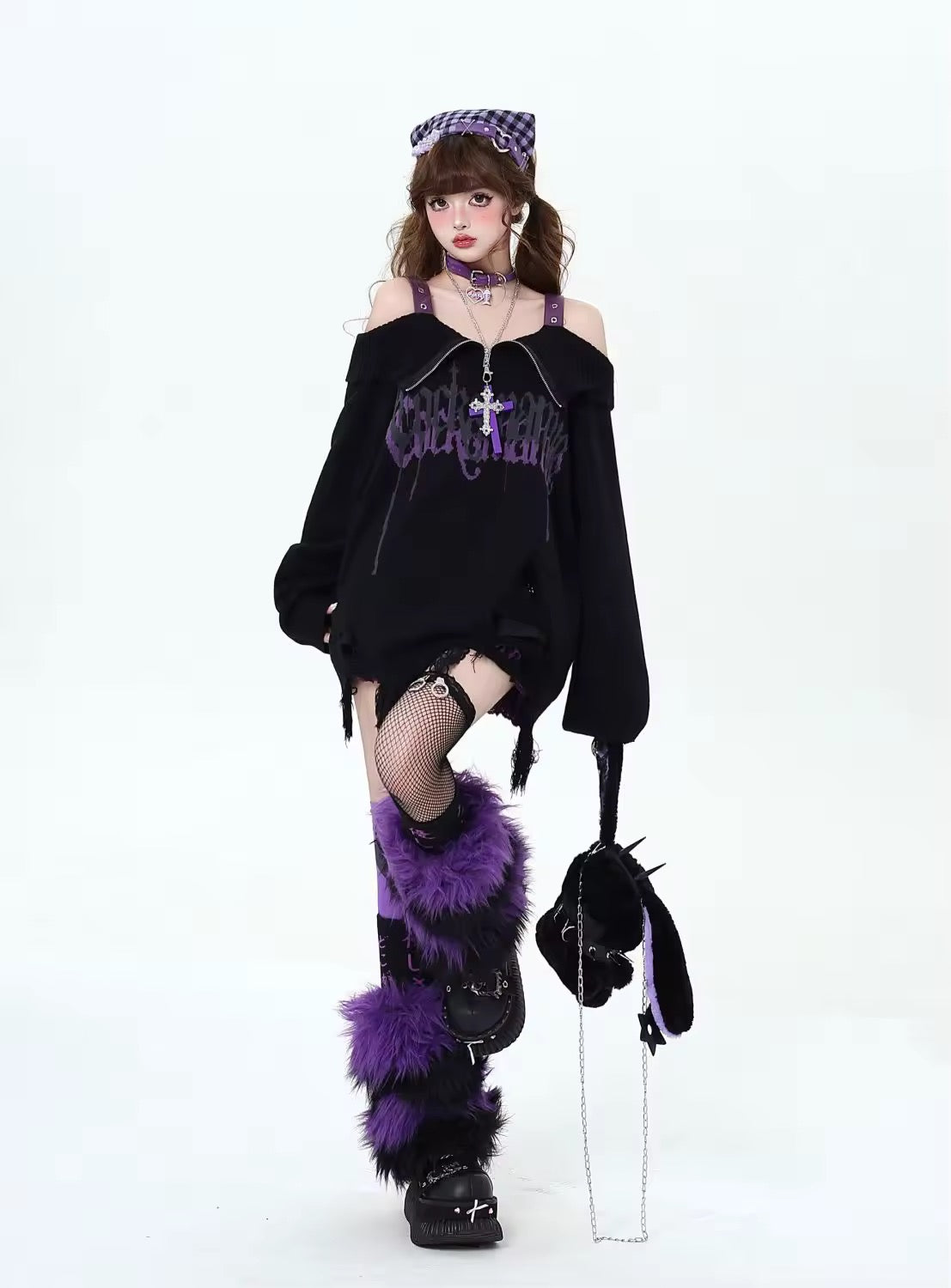 Grunge aesthetic sweater with off shoulder and zipper in black color for punk streetwear