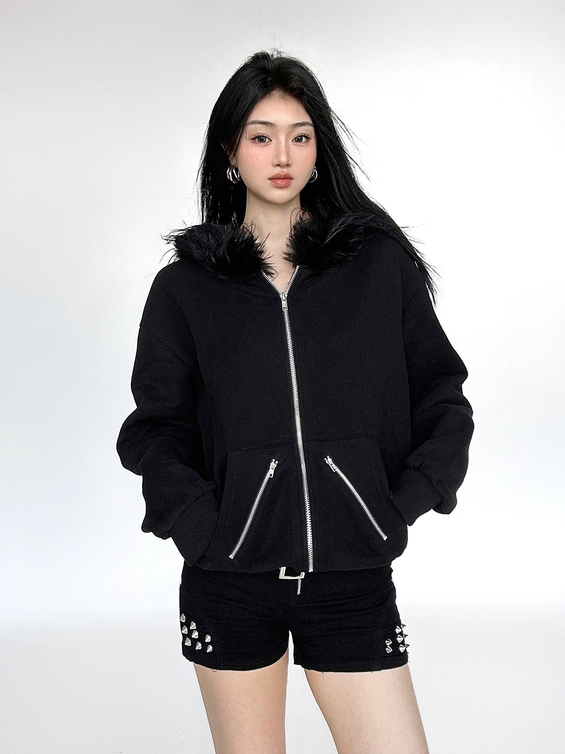 Y2K Goth Zip Hoodie – Faux Fur Collar Punk Streetwear – AGCW