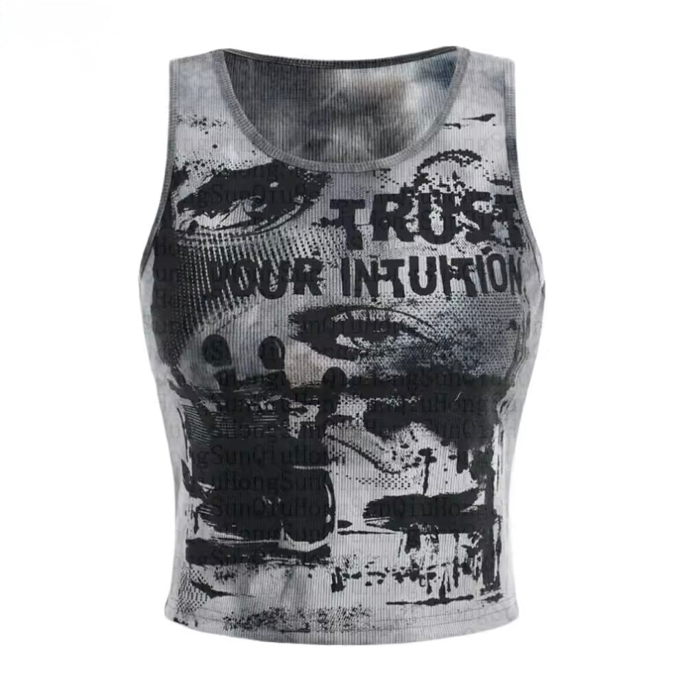 Grunge tie dye tank top with eye letter print for women