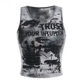Grunge tie dye tank top with eye letter print for women
