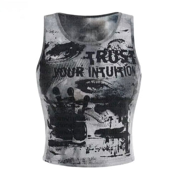 Grunge tie dye tank top with eye letter print for women