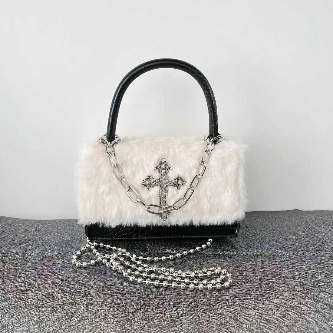 Gothic cross plush handbag with silver chain strap for e-girl outfits