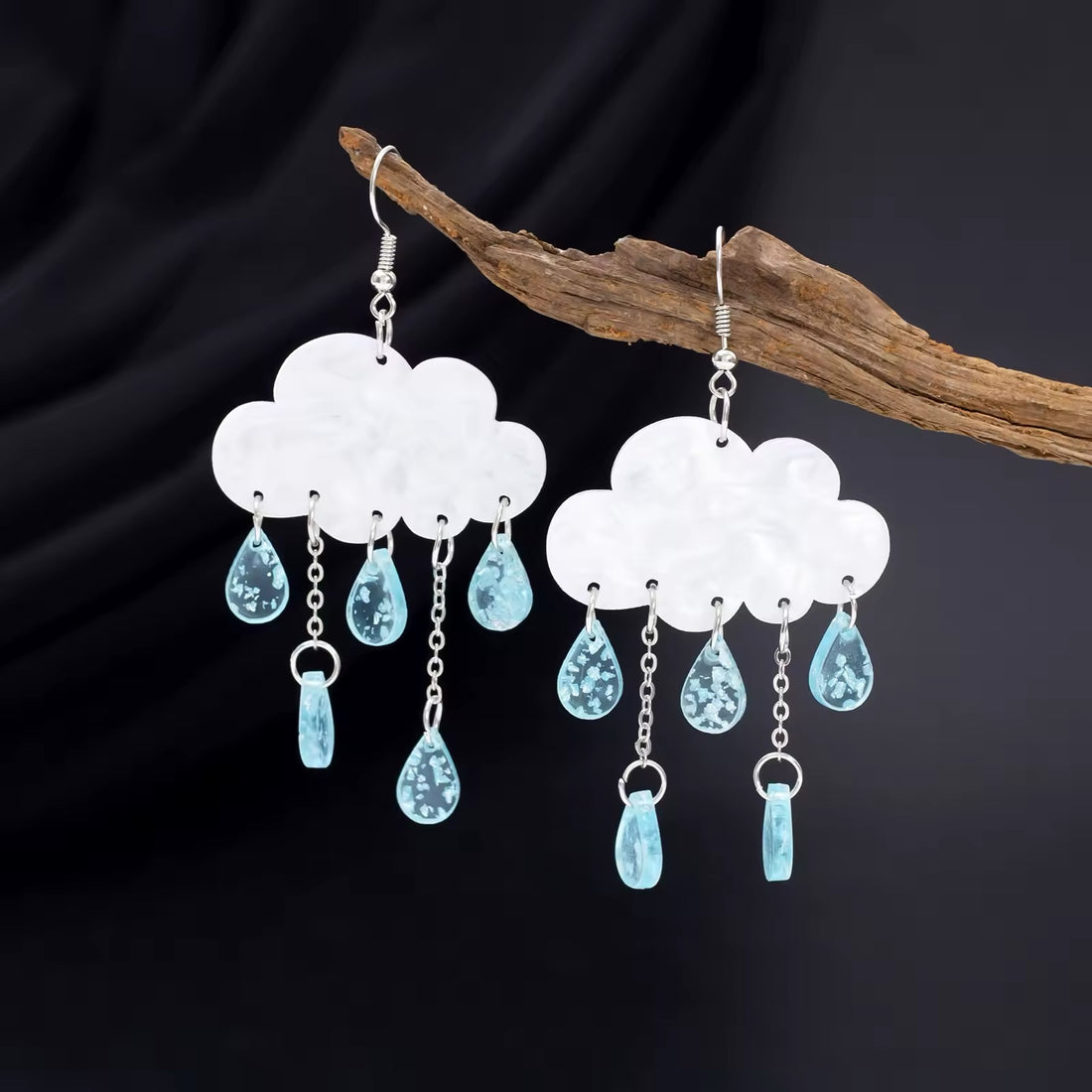 Fairycore rain cloud earrings with acrylic clouds and colorful resin raindrops, perfect handmade jewelry for whimsical girls and women