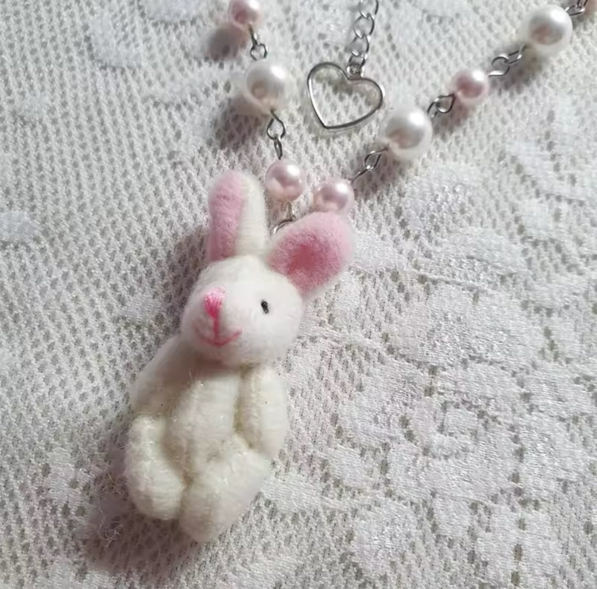 Handmade kawaii bunny necklace featuring a plush pendant, soft girl and balletcore-inspired Y2K jewelry for coquette fashion lovers