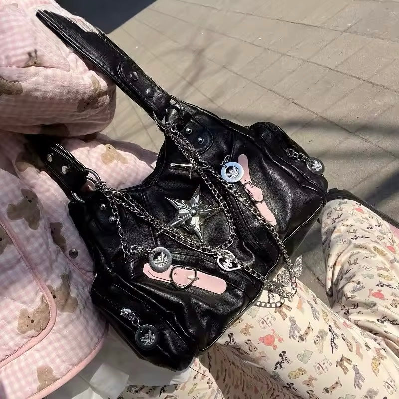Gothic Harajuku PU leather shoulder bag with edgy accessories