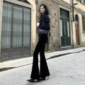 Harajuku gothic fashion, velvet flared pants with high waist and cross embroidery, Mall Goth and Y2K streetwear aesthetic for punk grunge lovers