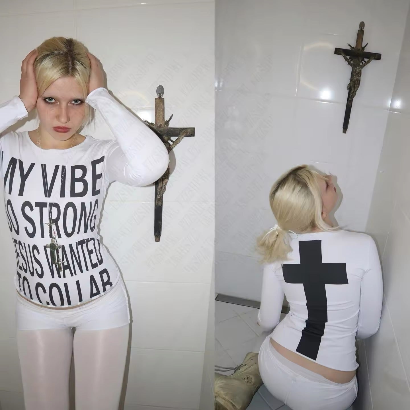 White gothic long sleeve shirt featuring “My Vibe So Strong” text and cross design
