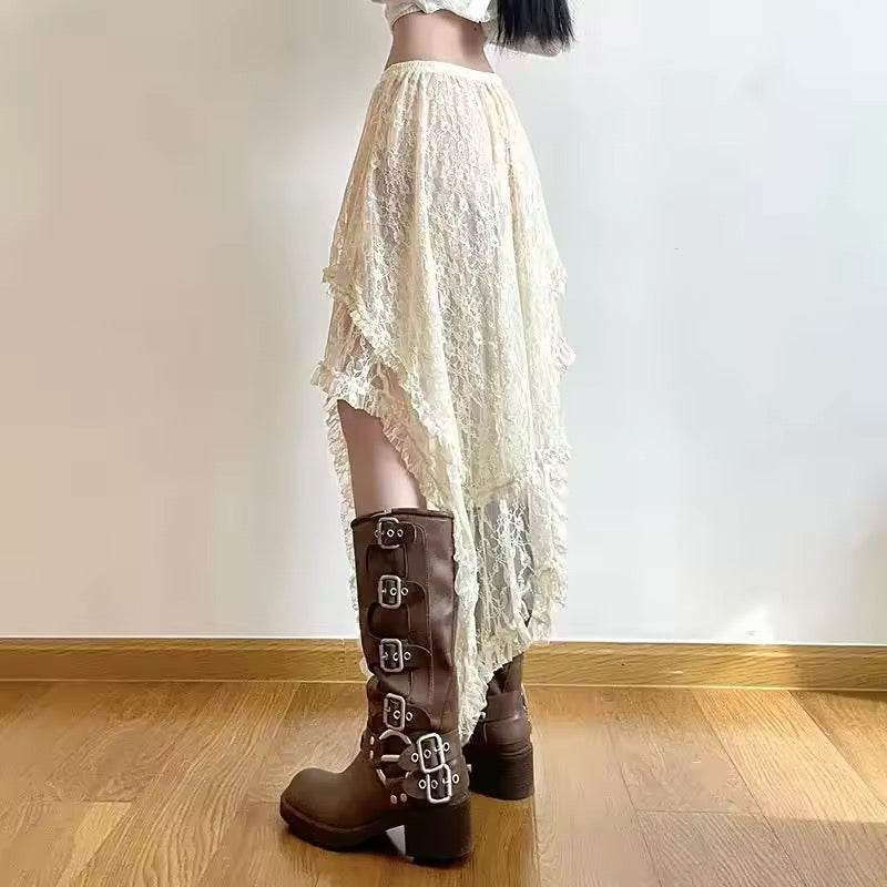 Cottagecore-inspired lace midi skirt for elegant casual wear
