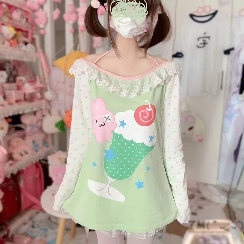 Back view of Harajuku style oversized tee in green with cartoon design