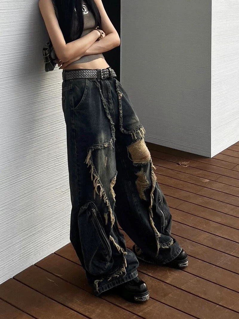 Gothic distressed cargo jeans, oversized wide-leg pants with a Y2K streetwear aesthetic, perfect for hip-hop grunge and American trashy fashion lovers