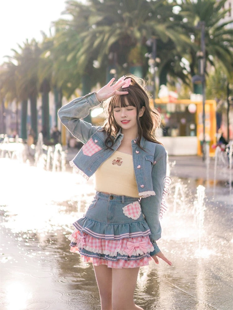 Sweet lolita coquette style skirt in ruffled denim and plaid
