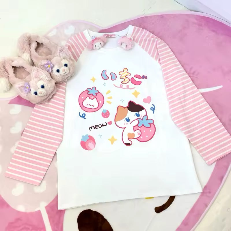 Kawaii cartoon t-shirt with pink stripes and anime print