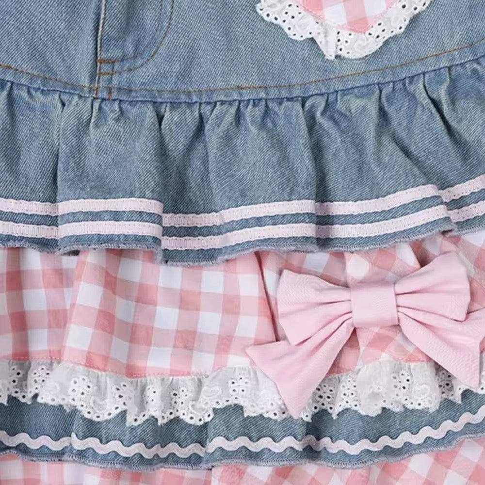 Coquette aesthetic skirt with denim base and kawaii ruffle trim
