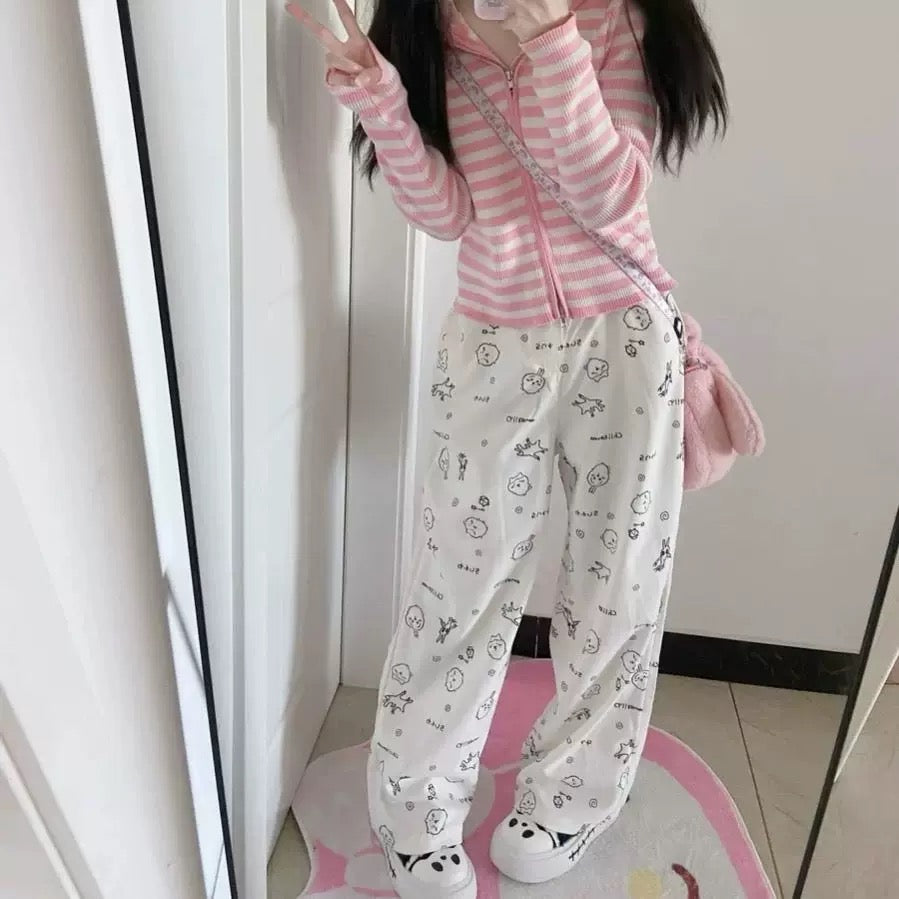 Y2K pastel kawaii loose pants, Japanese aesthetic Harajuku-style baggy trousers, cute cartoon-printed high-waist trousers for trendy casual streetwear