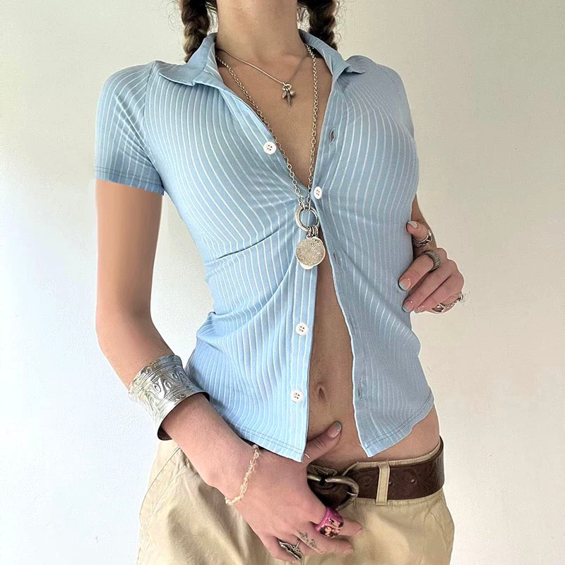 Lightweight and breathable blue striped button-up shirt for women