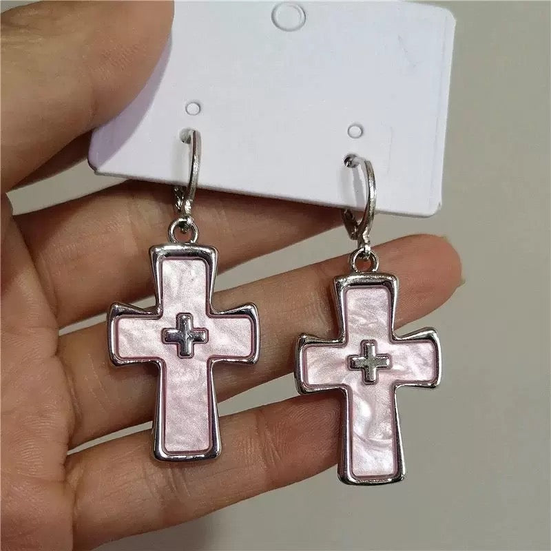 Cute yet edgy pink crystal cross drop earrings, designed for alternative girls who love Y2K, rave, EMO, and Harajuku style