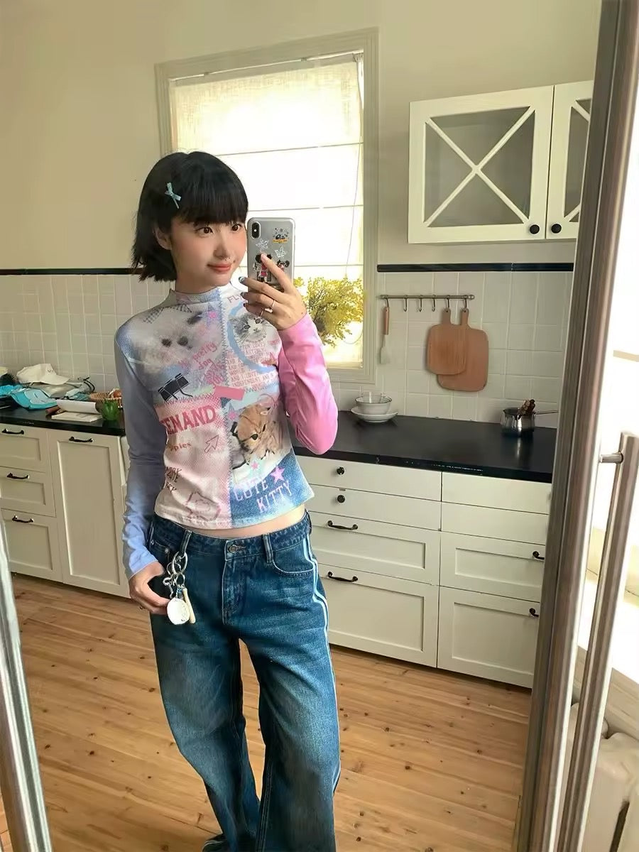 Harajuku-inspired Y2K vintage patchwork t-shirt, pet print long sleeve tee, retro streetwear aesthetic soft girl fashion for dopamine dressing outfits