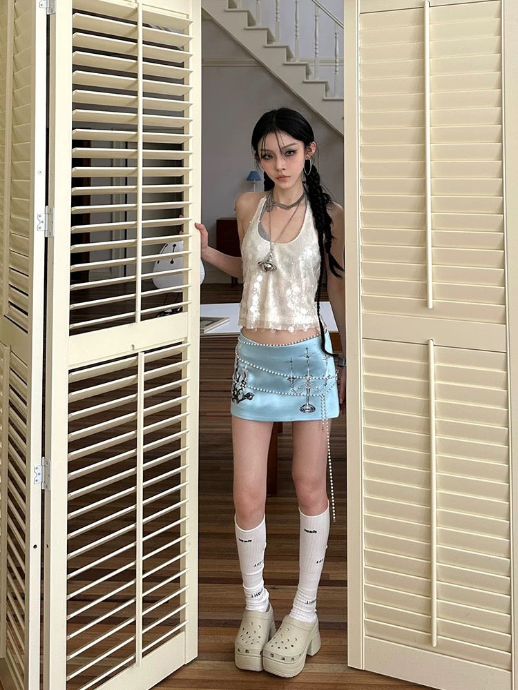 French vintage high-waisted A-line mini skirt in aesthetic blue