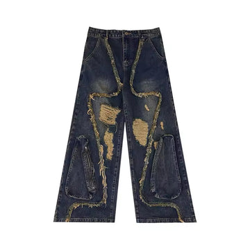 Y2K oversized cargo jeans for women, high-waisted Harajuku-inspired streetwear pants with distressed details and vintage hip-hop grunge aesthetics