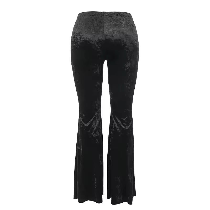 Mall Goth high-waisted velvet flare pants, gothic cross embroidery trousers, alternative Y2K streetwear, and punk grunge-inspired dark aesthetic pants
