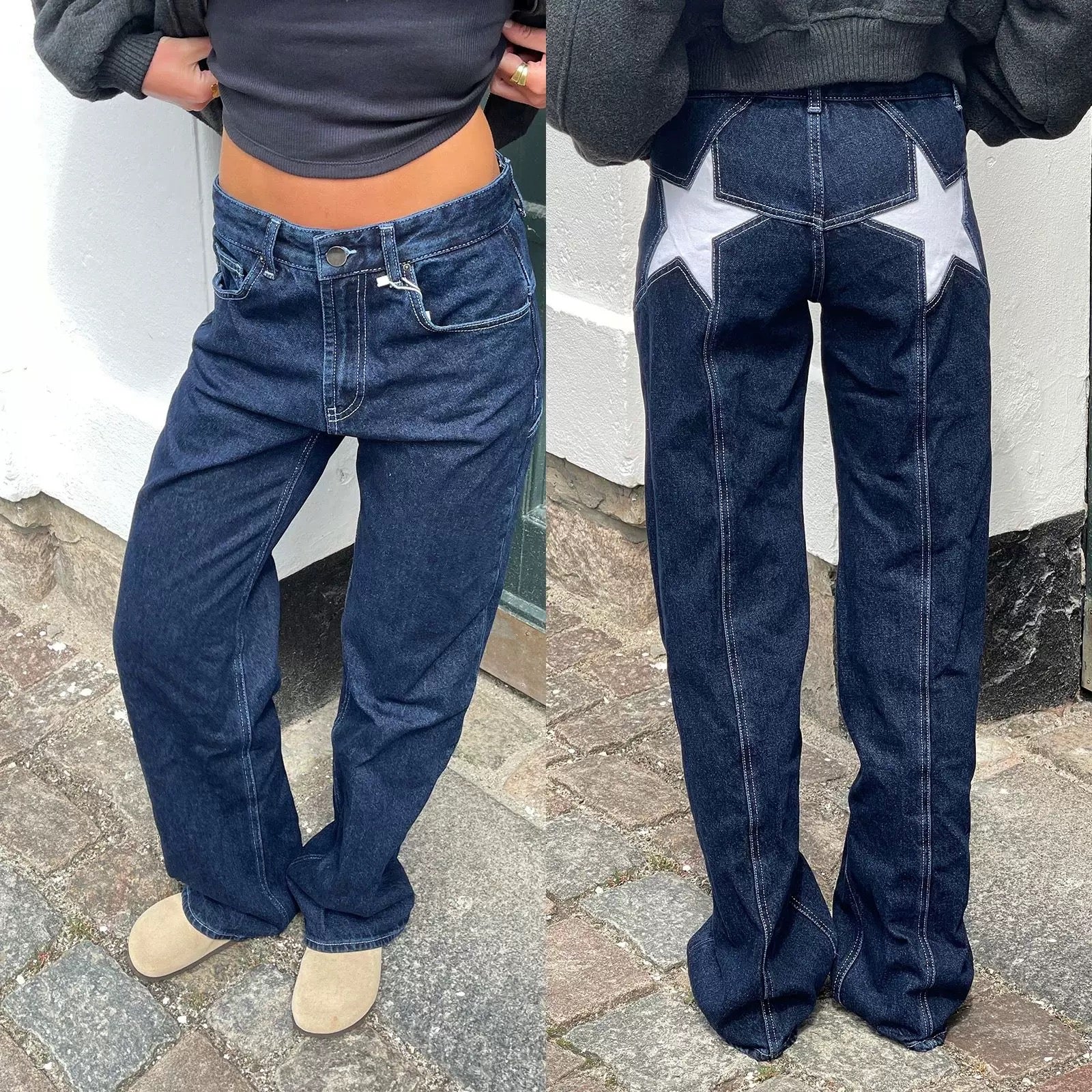 Oversized Y2K streetwear jeans with star embroidery, wide-leg high-waisted denim trousers for vintage hip-hop and casual American retro outfits