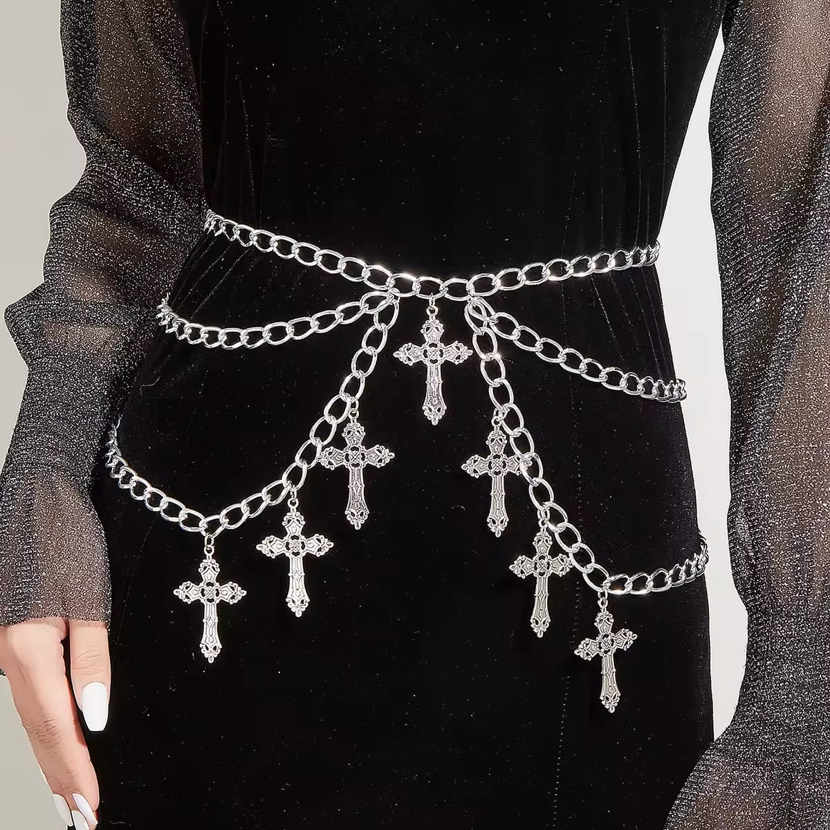 Hip-hop inspired gothic belt with silver chain and cross