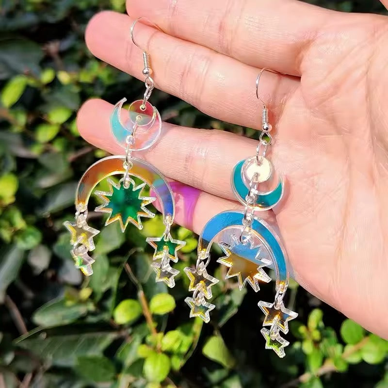 Long holographic moon snake earrings for women, fairycore and vintage-inspired with magical Y2K style charm
