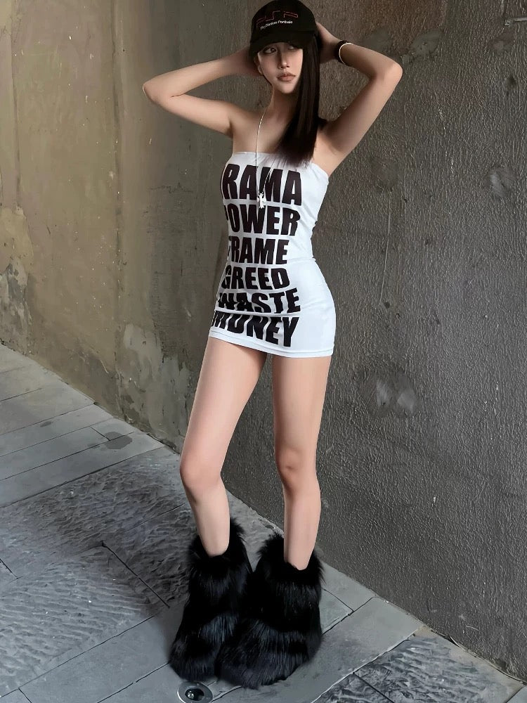 Letter print white tube dress styled with street fashion sneakers