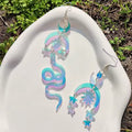 Holographic acrylic moon and snake earrings, fairycore inspired dangles with rainbow shine and lightweight statement style