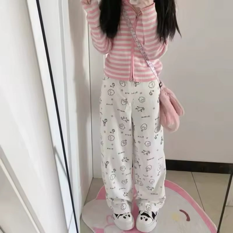 Y2K kawaii cartoon print loose pants, Japanese-style high-waist Harajuku baggy trousers, perfect for casual, home lounging, or Soft Girl aesthetic