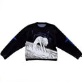Black gothic anime sweater featuring a kneeling girl in white swirl graphic