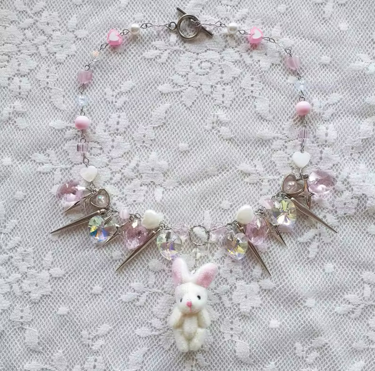 Kawaii bunny necklace featuring a handmade plush pendant, Y2K aesthetic jewelry for coquette and balletcore fashion lovers, soft girl accessories