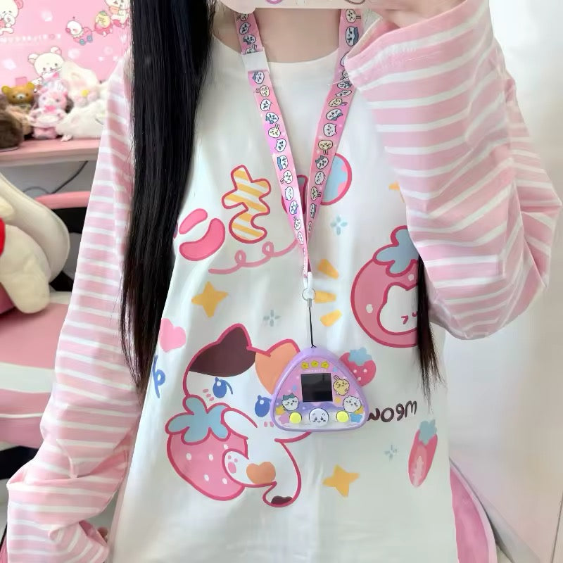 Kawaii cartoon t-shirt with pink stripes and anime print