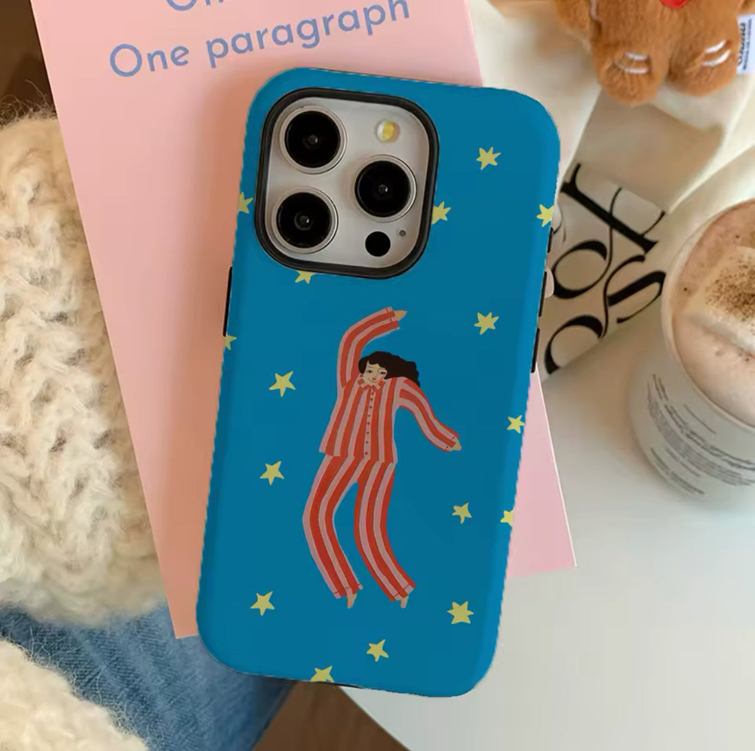 Sleep Girl iPhone case featuring girl in blue pajamas and stars