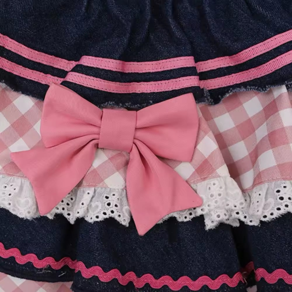 Y2K high waist denim mini skirt with plaid cake layers and heart patch