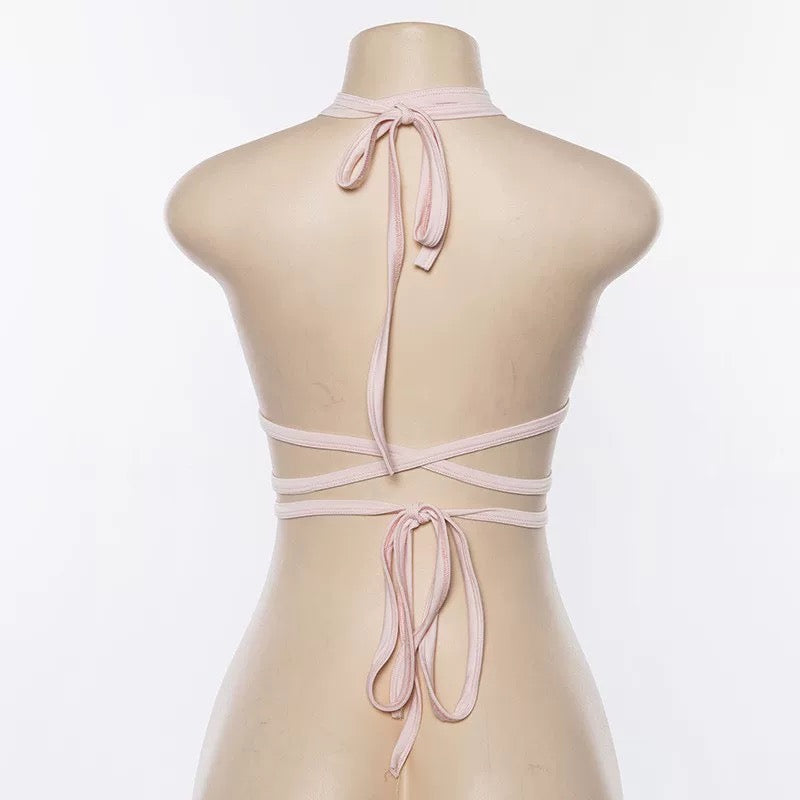 Kawaii pink fur halter vest, Y2K aesthetic fleece crop top, trendy 90s and 2000s-inspired sexy backless tank top, soft girl streetwear fashion