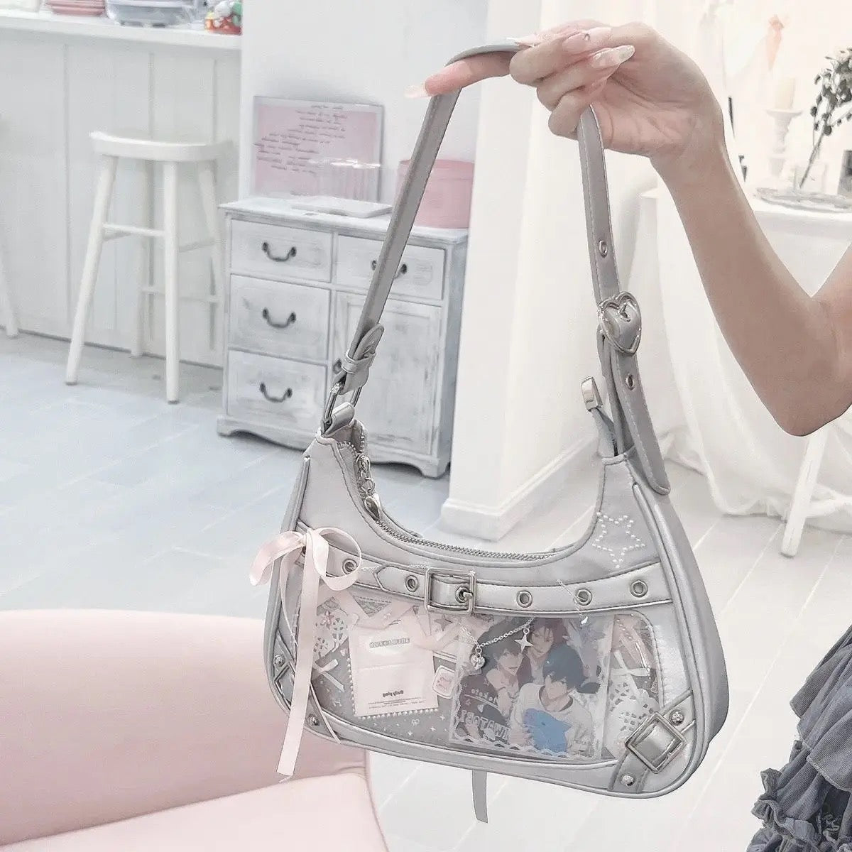 Coquette fashion shoulder bag for women featuring a silver ribbon design in soft girl and Lolita Ita bag style